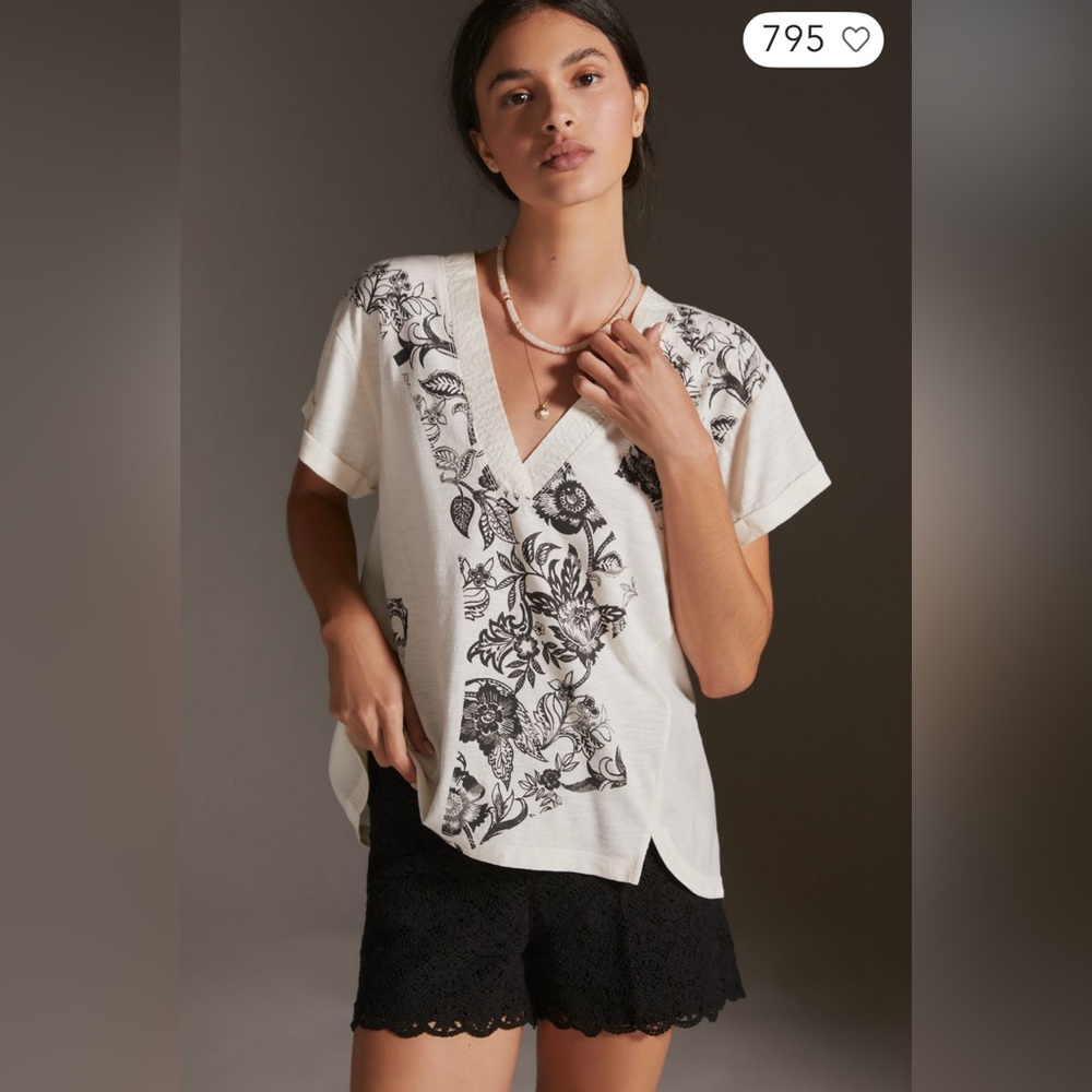 DAILY PRACTICE BY ANTHROPOLOGIE V-Neck Short Sleeve Top Black Floral‎ Print XXS